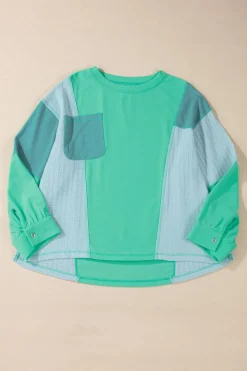 Best Dear-Lover Colorblock Stitching Patchwork Buttoned Long Sleeve Top Green