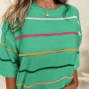 Sale Dear-Lover Colorblock Striped Half Sleeve Drop Shoulder Sweater Green