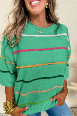 Sale Dear-Lover Colorblock Striped Half Sleeve Drop Shoulder Sweater Green