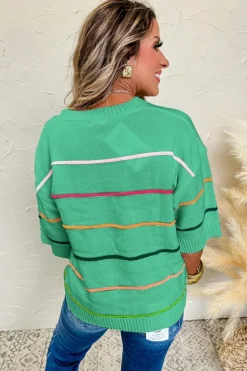 Sale Dear-Lover Colorblock Striped Half Sleeve Drop Shoulder Sweater Green