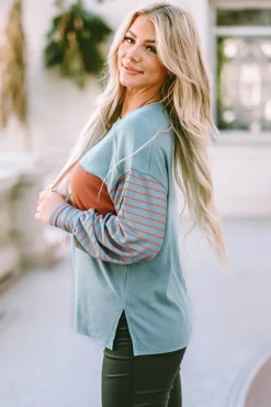 Clearance Dear-Lover Colorblock Striped Bishop Sleeve Top Green