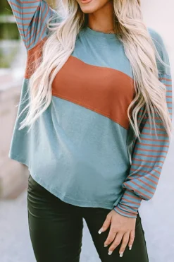 Clearance Dear-Lover Colorblock Striped Bishop Sleeve Top Green