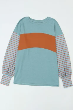 Clearance Dear-Lover Colorblock Striped Bishop Sleeve Top Green