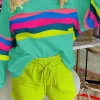 Sale Dear-Lover Colorful Striped Accent Long Sleeve T Shirt Green