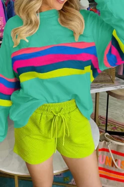 Sale Dear-Lover Colorful Striped Accent Long Sleeve T Shirt Green