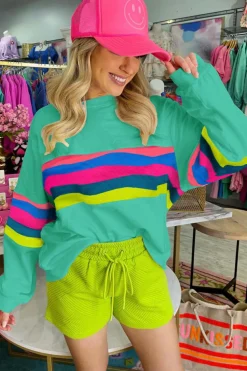 Sale Dear-Lover Colorful Striped Accent Long Sleeve T Shirt Green