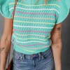 Discount Dear-Lover Colorful Striped Eyelet Knit Ruffled Sleeve Sweater T Shirt Green