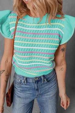 Discount Dear-Lover Colorful Striped Eyelet Knit Ruffled Sleeve Sweater T Shirt Green