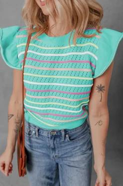 Discount Dear-Lover Colorful Striped Eyelet Knit Ruffled Sleeve Sweater T Shirt Green