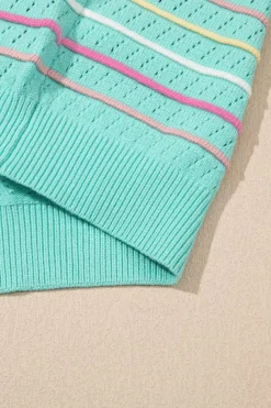 Discount Dear-Lover Colorful Striped Eyelet Knit Ruffled Sleeve Sweater T Shirt Green