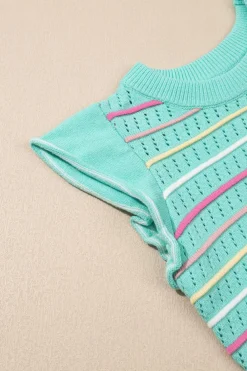 Discount Dear-Lover Colorful Striped Eyelet Knit Ruffled Sleeve Sweater T Shirt Green