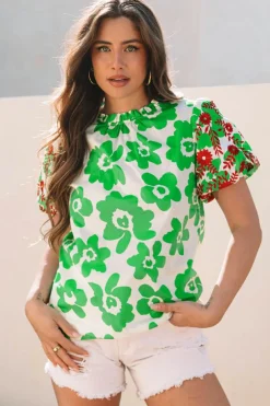 Hot Dear-Lover Contrast Embroidered Puff Short Sleeve Floral Blouse Green