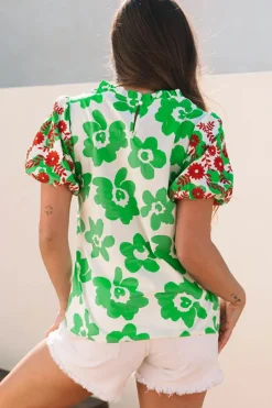 Hot Dear-Lover Contrast Embroidered Puff Short Sleeve Floral Blouse Green