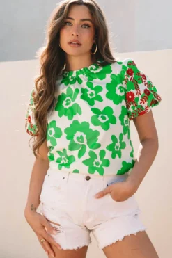 Hot Dear-Lover Contrast Embroidered Puff Short Sleeve Floral Blouse Green