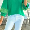 Fashion Dear-Lover Contrast Floral Embroidered 3/4 Sleeve Notched V Neck Elegant Blouse Green