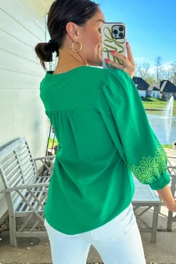 Fashion Dear-Lover Contrast Floral Embroidered 3/4 Sleeve Notched V Neck Elegant Blouse Green