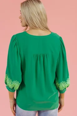 Fashion Dear-Lover Contrast Floral Embroidered 3/4 Sleeve Notched V Neck Elegant Blouse Green