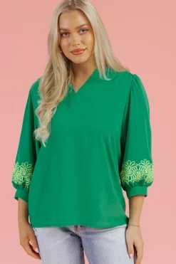 Fashion Dear-Lover Contrast Floral Embroidered 3/4 Sleeve Notched V Neck Elegant Blouse Green