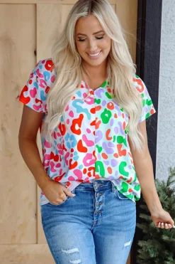 Discount Dear-Lover Contrast Leopard Print V Neck Short Sleeve Blouse Green