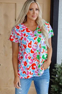 Discount Dear-Lover Contrast Leopard Print V Neck Short Sleeve Blouse Green