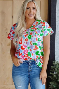 Discount Dear-Lover Contrast Leopard Print V Neck Short Sleeve Blouse Green