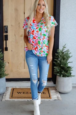 Discount Dear-Lover Contrast Leopard Print V Neck Short Sleeve Blouse Green