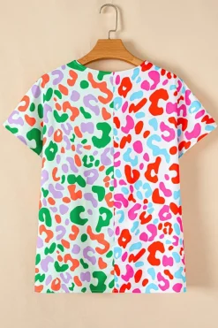Discount Dear-Lover Contrast Leopard Print V Neck Short Sleeve Blouse Green
