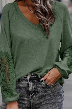 New Dear-Lover Crochet Lace Patch Raglan Sleeve Top Green