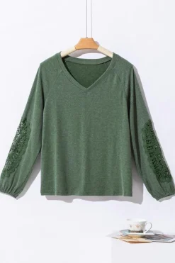 New Dear-Lover Crochet Lace Patch Raglan Sleeve Top Green