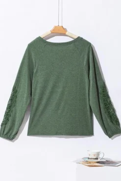 New Dear-Lover Crochet Lace Patch Raglan Sleeve Top Green