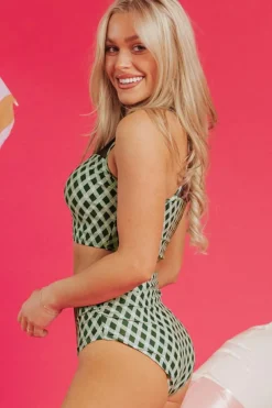 Fashion Dear-Lover Dotted Mesh Plaid Patchwork High Waisted Bikini Green
