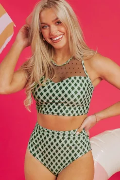 Fashion Dear-Lover Dotted Mesh Plaid Patchwork High Waisted Bikini Green