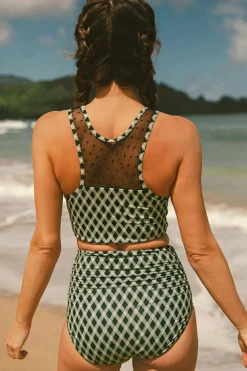 Fashion Dear-Lover Dotted Mesh Plaid Patchwork High Waisted Bikini Green