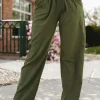 Clearance Dear-Lover Drawstring Elastic Waist Pockets Long Straight Legs Pants Green