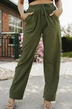Clearance Dear-Lover Drawstring Elastic Waist Pockets Long Straight Legs Pants Green