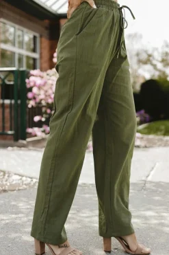 Clearance Dear-Lover Drawstring Elastic Waist Pockets Long Straight Legs Pants Green