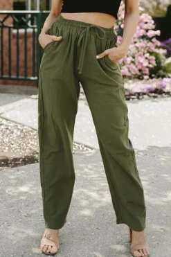 Clearance Dear-Lover Drawstring Elastic Waist Pockets Long Straight Legs Pants Green