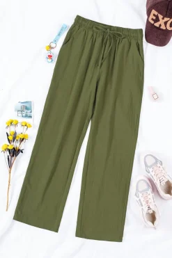 Clearance Dear-Lover Drawstring Elastic Waist Pockets Long Straight Legs Pants Green