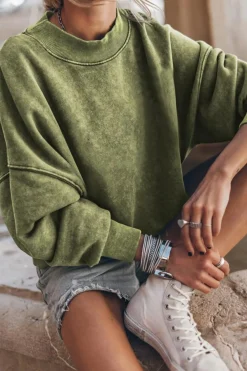 Online Dear-Lover Drop Shoulder Crew Neck Pullover Sweatshirt Green