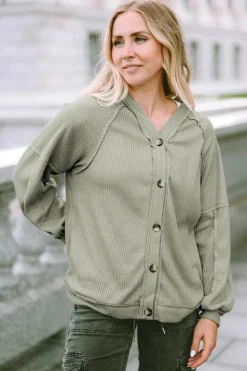 Hot Dear-Lover Exposed Seam Buttons Front Waffle Knit Cardigan Green