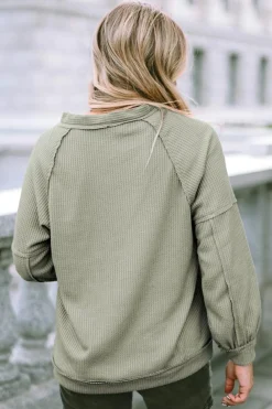 Hot Dear-Lover Exposed Seam Buttons Front Waffle Knit Cardigan Green