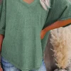 Best Dear-Lover Exposed Seam Half Sleeve Knitted V Neck Textured Top Green
