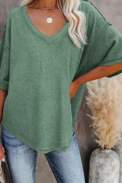 Best Dear-Lover Exposed Seam Half Sleeve Knitted V Neck Textured Top Green