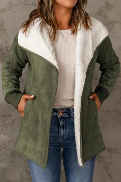 Hot Dear-Lover Faux Suede Fleece Lined Open Front Jacket Green
