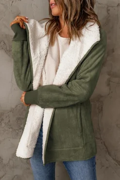 Hot Dear-Lover Faux Suede Fleece Lined Open Front Jacket Green