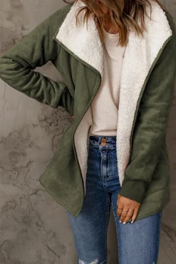 Hot Dear-Lover Faux Suede Fleece Lined Open Front Jacket Green