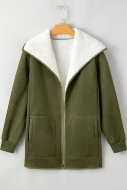 Hot Dear-Lover Faux Suede Fleece Lined Open Front Jacket Green