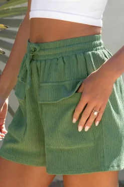 Fashion Dear-Lover Flap Pocket Casual Drawstring Shorts Green