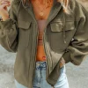 Online Dear-Lover Green Flap Pocket Drawstring Hood Zip Up Jacket Jungle Green