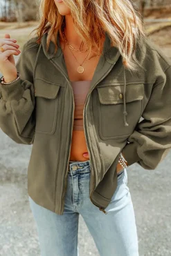 Online Dear-Lover Green Flap Pocket Drawstring Hood Zip Up Jacket Jungle Green